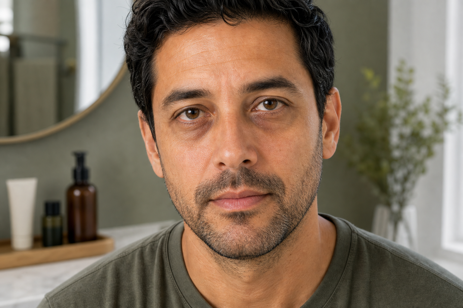 Man with visible dark circles under his eyes in soft grooming light