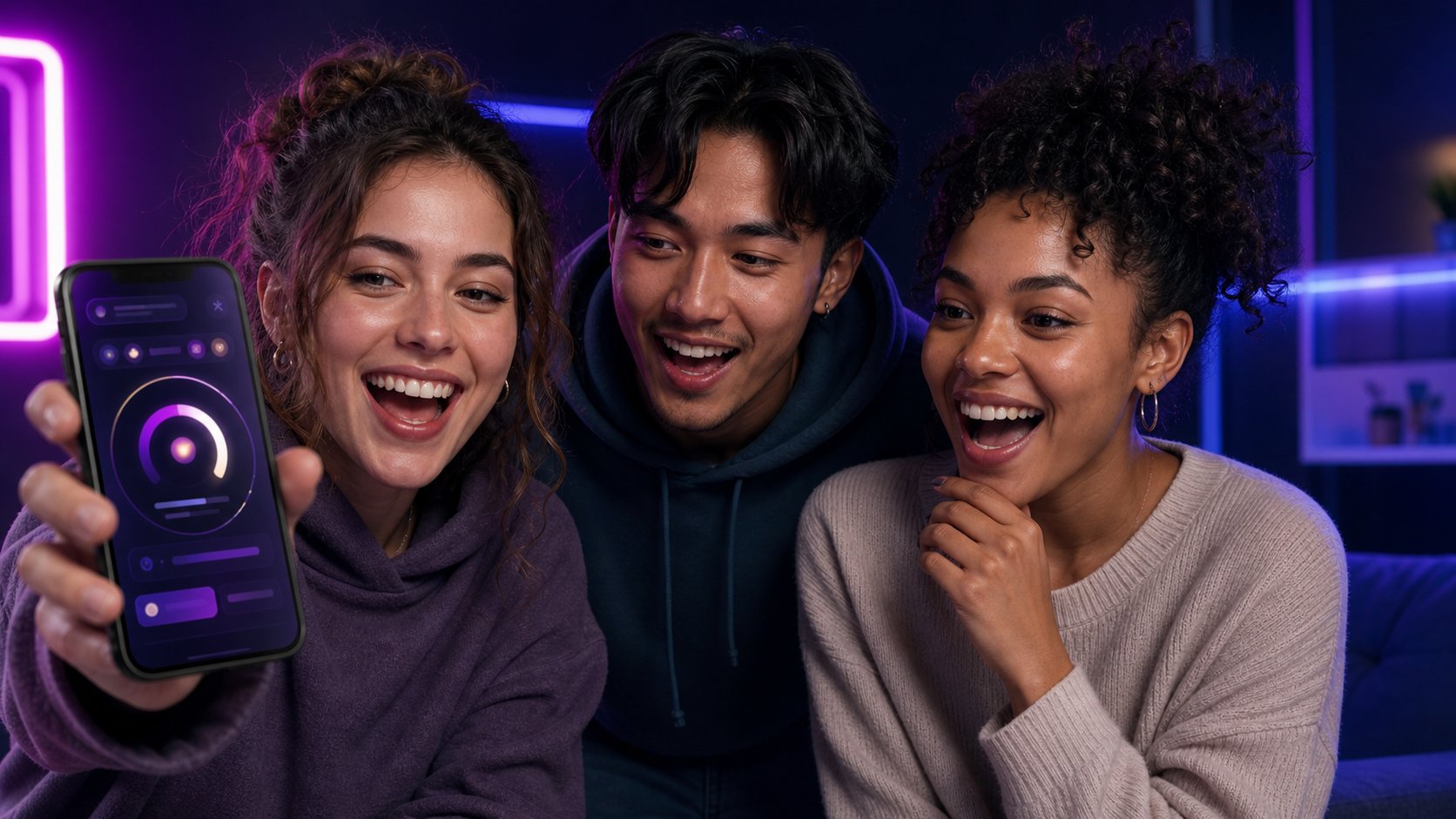 Friends reacting to a free AI face rater scorecard on a smartphone