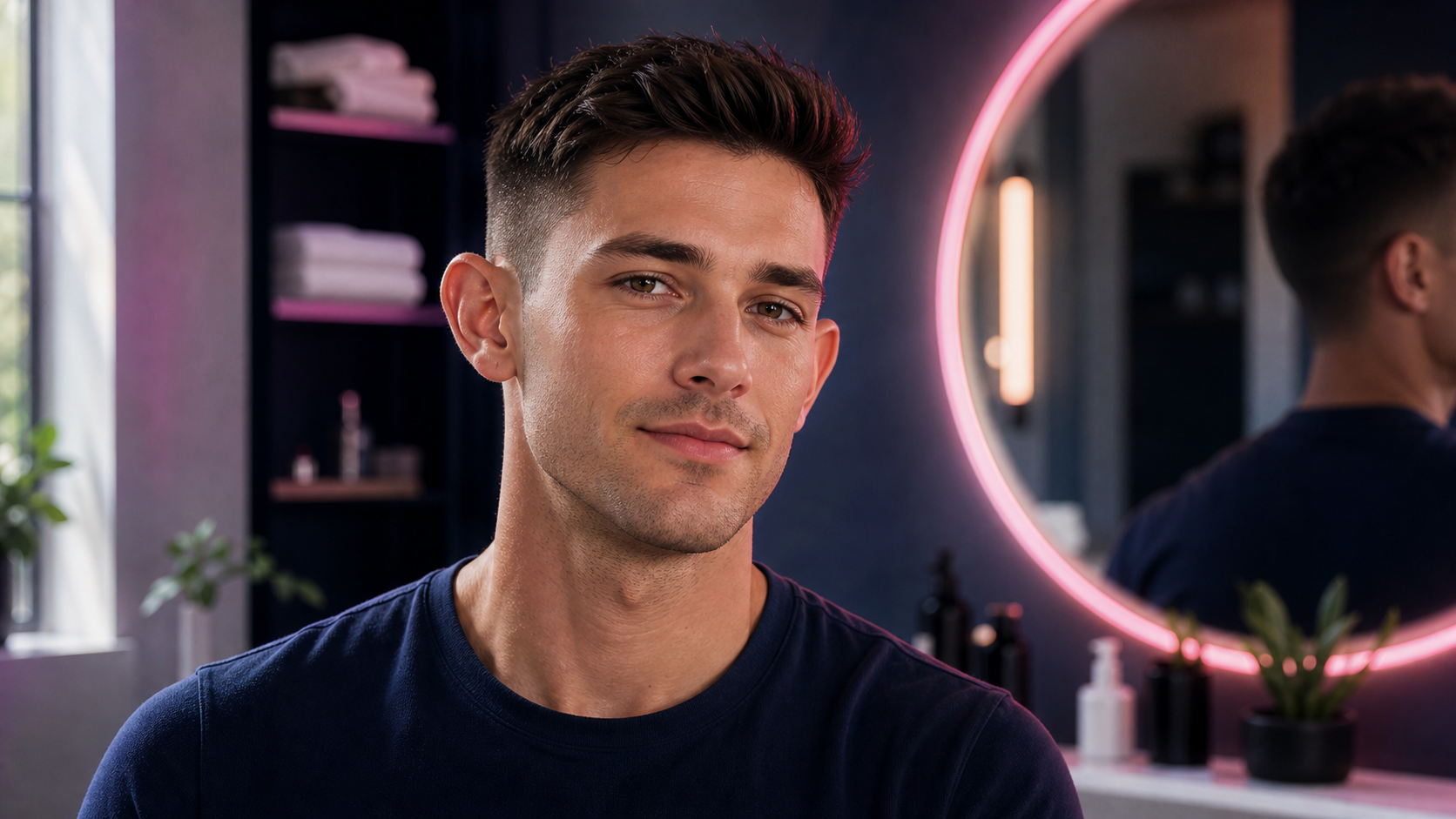 Young adult man with naturally protruding ears in soft grooming room light