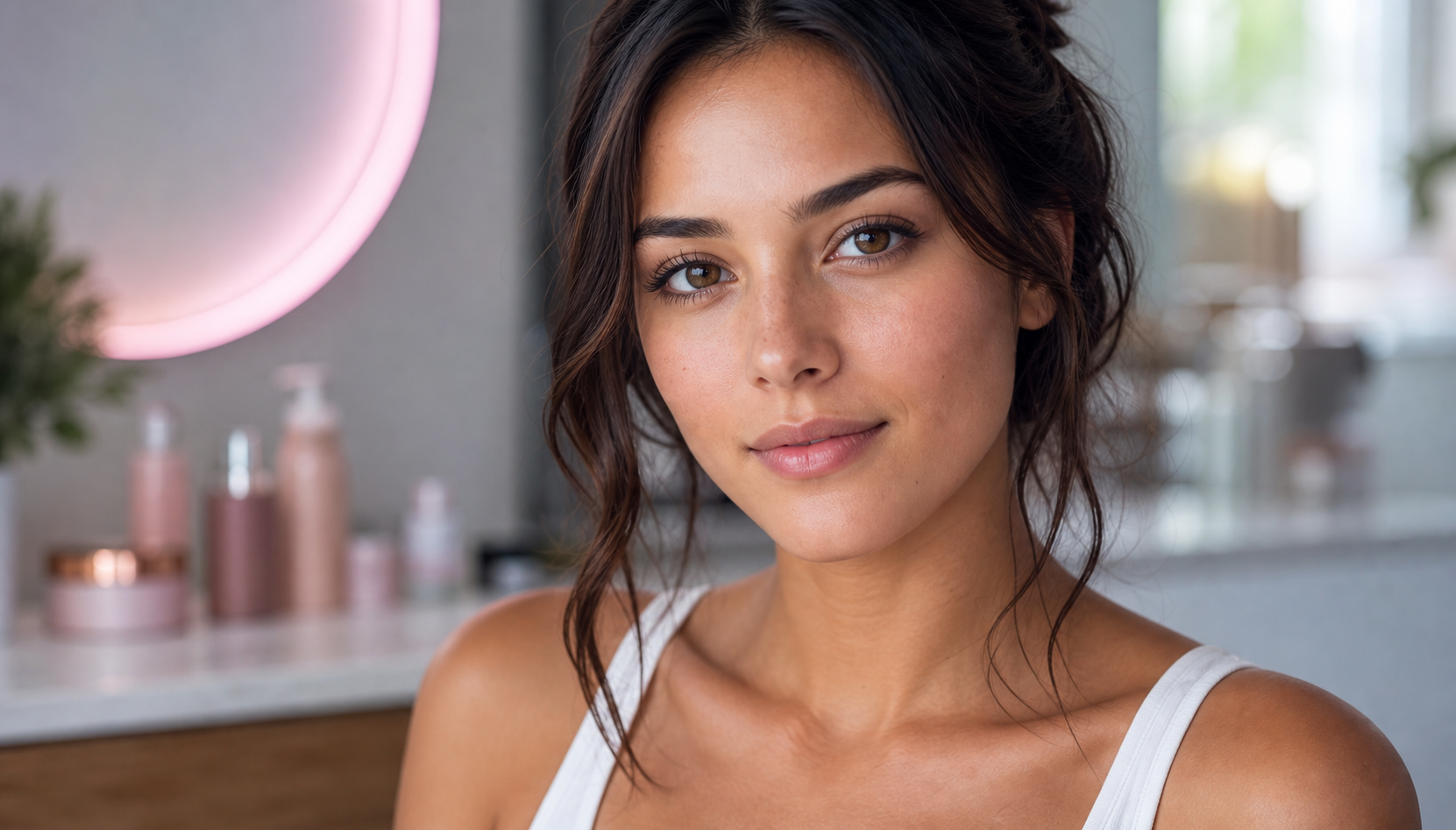 Young adult woman with naturally thin lips in soft vanity light
